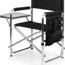 PICNIC TIME Sports Chair with Side Table and Armrest Caddy, Lightweight Aluminum Folding Outdoor Camping Chair for Adults, Portable Director Style Lawn Seating with Pockets & Carry Strap, (Black)