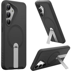 for Samsung Galaxy S25 Plus Case, Magnetic Silicone Slim Shockproof Protective Phone Case with Built-in Adjustable Kickstand (Black)