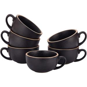 Coffeezone Set of 6 Cups Vintage Design 12 oz Professional Barista Ceramic Latte Art Cappuccino Cups Set (Rough Black * 6)
