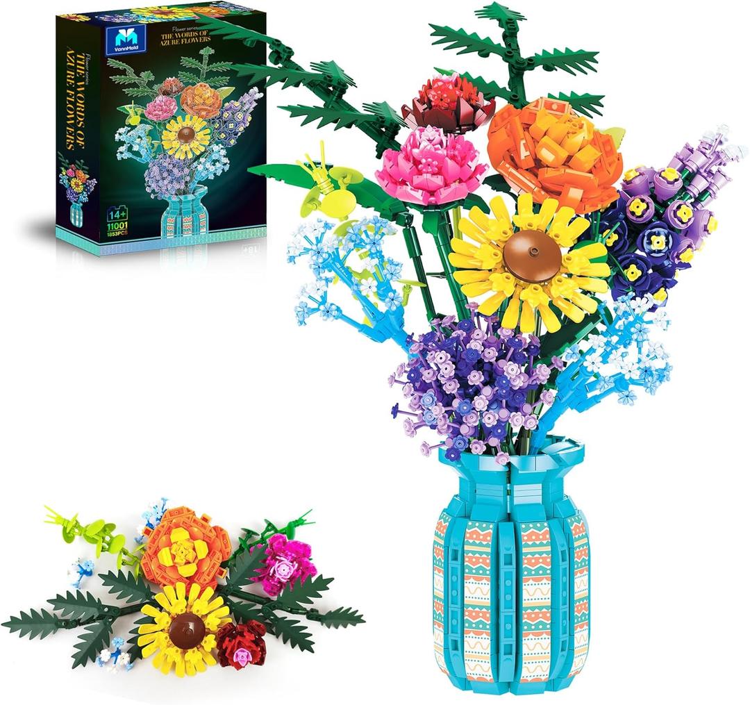 Flowers Bouquet Building Blocks Set with Vase 1853PCS, Botanical Collection with Sunflower Rose for Home & Office Dcor for Adults Girls 14+