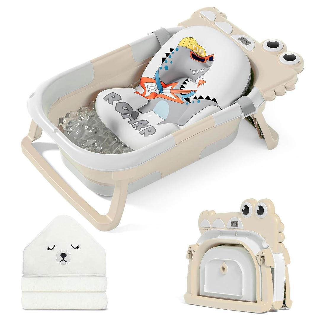 MoreFeel Collapsible Baby Bathtub for Newborn with Thermometer & 1 Hooded Towel & 1 Soft Floating Cushion,Portable Travel Bathtub with Drain Hole, Durable Foldable Baby Tubs for Infants to Toddler (Beige) MoreFeel Collapsible Baby Bathtub for Newborn with Thermometer & 1 Hooded Towel & 1 Soft Floating Cushion,Portable Travel Bathtub with Drain Hole, Durable Foldable Baby Tubs for Infants to Toddler (Beige)