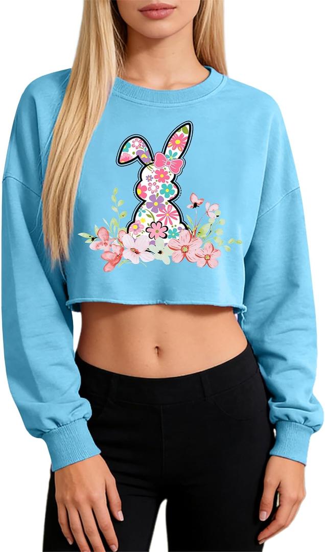 Womens Easter Shirts Cute Floral Bunny T-Shirt Leopard Print Tee Easter Gift Casual Top Shirts (Blue, M)