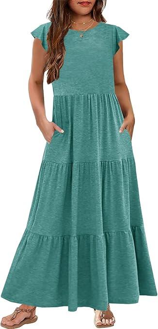 HOSIKA Girls Summer Casual Ruffle Short Sleeve Crewneck Aline Flowy Tiered Beach Maxi Sundress with Pockets for 13-13Y