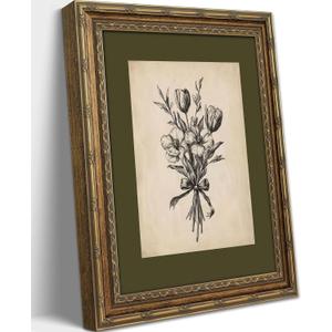 Gold Framed Wall Art Vintage Flower Sketch Wall Art Antique Sage Green Botanical Wall Decor Picture Dark Green Floral Drawing Poster Print for Bedroom Living Room 9x11in