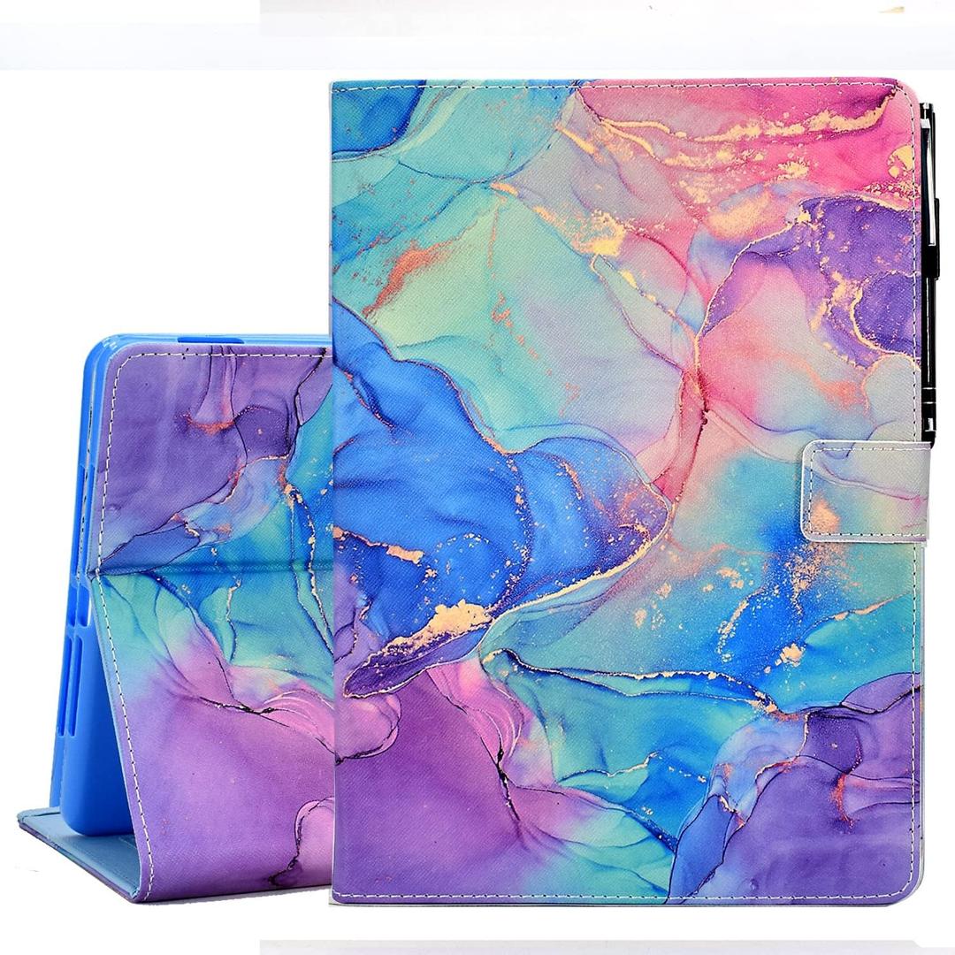 KEROM Case for Fire HD 10 Tablet (9th/7th/5th Generation, 2019/2017/2015 Release), PU Leather Folio Stand Protective Cover Case with Auto Wake/Sleep, Card Slot, Pen Holder - Colorful Marble