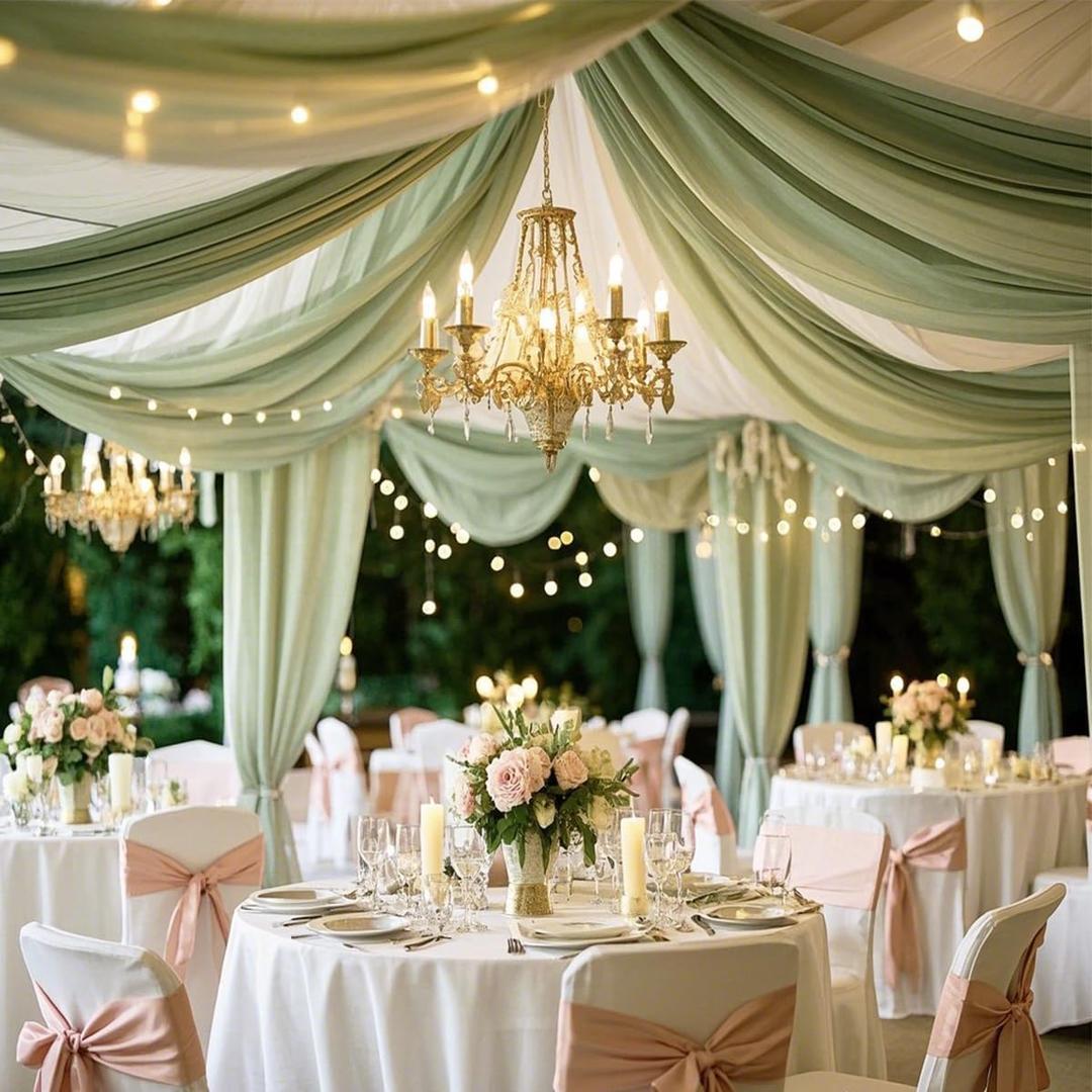 Sage Green Wedding Ceiling Drapes Curtain Drapery Fabric Chiffon Ceiling Draping Fabric for Wedding Birthday Party Engagement Banquet Stage Swag - 5ft X 30ft, 6 Panels