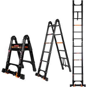 12.5 FT A Frame Telescoping Extension Ladder with Balance Bar & Wheels, Multi-Purpose Aluminum, Heavy Duty 330 lbs Max Capacity, Ideal for Home and Outdoor Work, Black