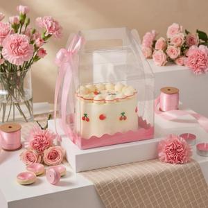 Novabright 15 Pcs Clear Cake Boxes 6 x 6 x 8 Inch Valentines Clear Gift Boxes with Pink Ribbon Small Transparent Cake Containers for Desserts, Cookies Gift Box for Valentines, Birthday, Wedding, Party