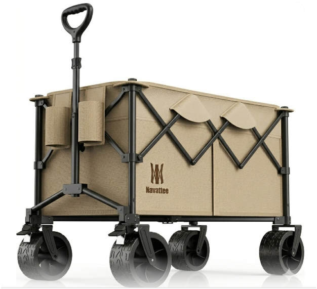 Navatiee 330Lbs Collapsible Folding Wagon, Beach Wagon Cart Heavy Duty Foldable with Big Wheels, Utility Grocery Wagon with 165L Large Capacity for Camping Garden Sports, Black