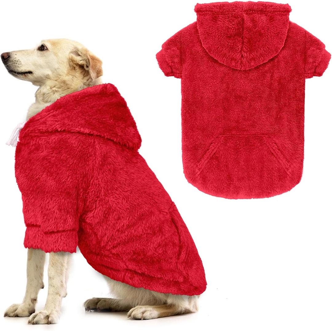 Dog Sweater,Dog Hoodies,Warm Fuzzy Fleece Sweatshirt with Hood & Pocket,Leash Hole,Cozy Cold Weather Pet Clothes Sweater for Small,Medium,and Large Dogs(Red,XL) (XL: 21-36lbs)