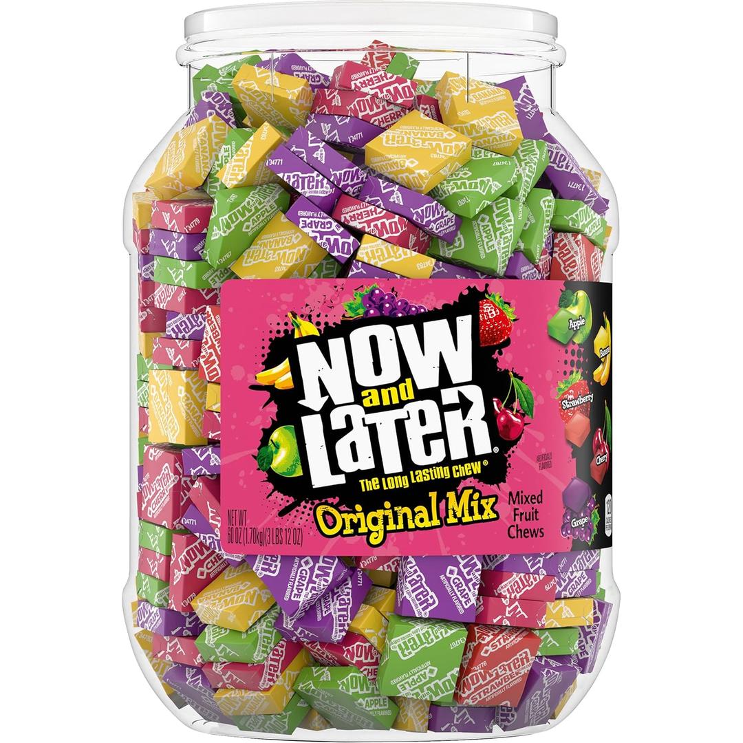 Now and Later Original Mix, Individually Wrapped Mixed Fruit Chew Candy, 60 Ounce Jar (EXP 12/31/26)