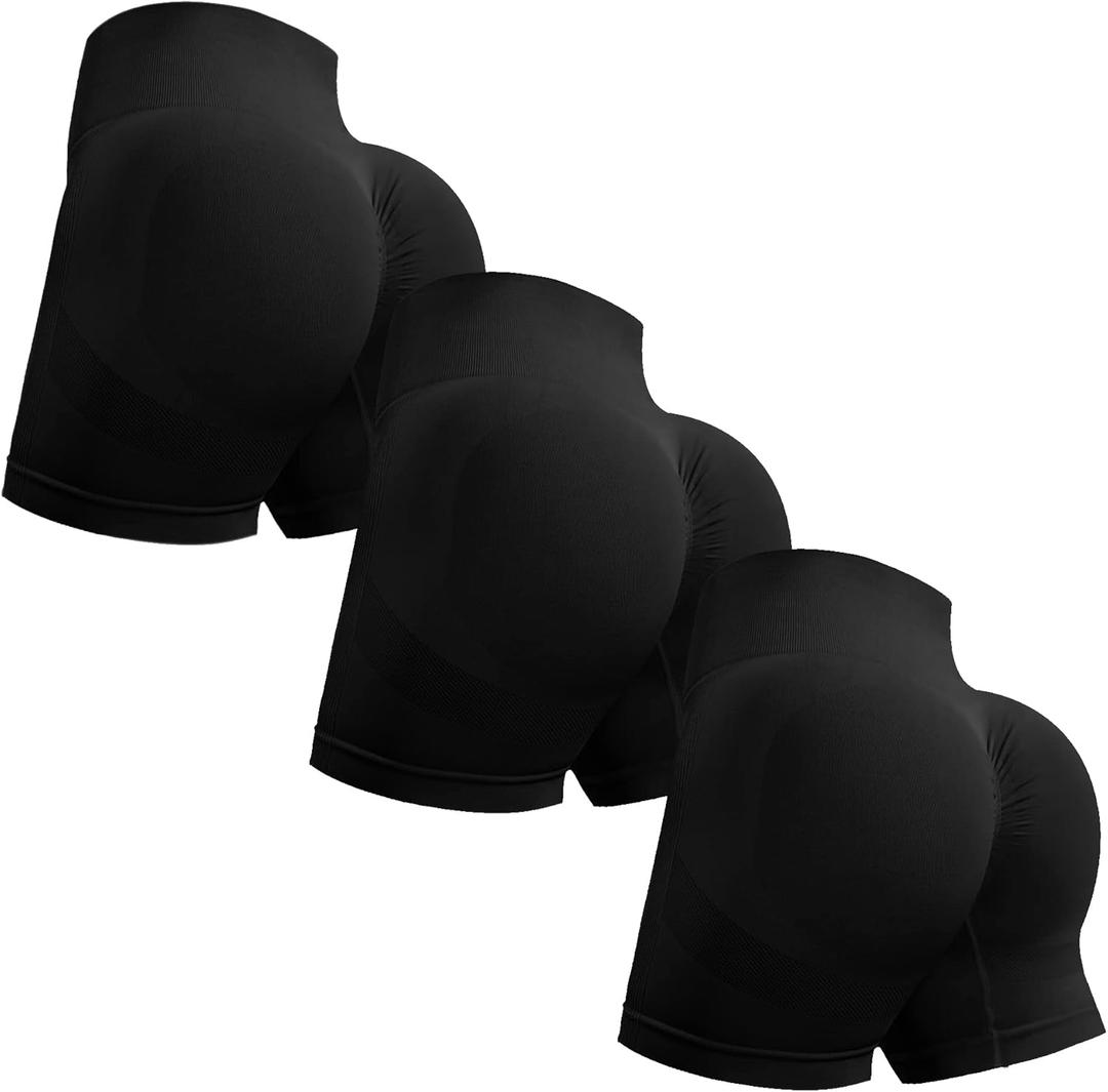 OVESPORT 3 Piece Workout Shorts for Women Seamless Scrunch Butt Lifting High Waisted Yoga Gym Booty Running Short Pants (Large, Black/Black/Black)