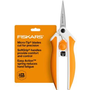 Fiskars Micro-Tip Spring Assisted Scissors, Precision Cutting Stainless Steel Blades, Comfort Handle, Cut Details in Fabric, Sewing Scissors and Arts and Crafts Tools