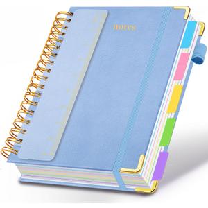 Hardcover Spiral Notebook 8"x10" Journal Notebook with Tabs and Removable Dividers 300 Pages 5 Subject Notebook College Ruled, Faux Leather Spiral Bound Notebook for Women School Work (Lake Blue)