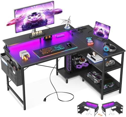 ODK 48 Inch Gaming Desk with USB Charging Ports and LED Lights, Reversible L Shaped Computer Desk with Storage Shelves & Monitor Stand, Corner Gamer Desk Table with Power Outlets, Black