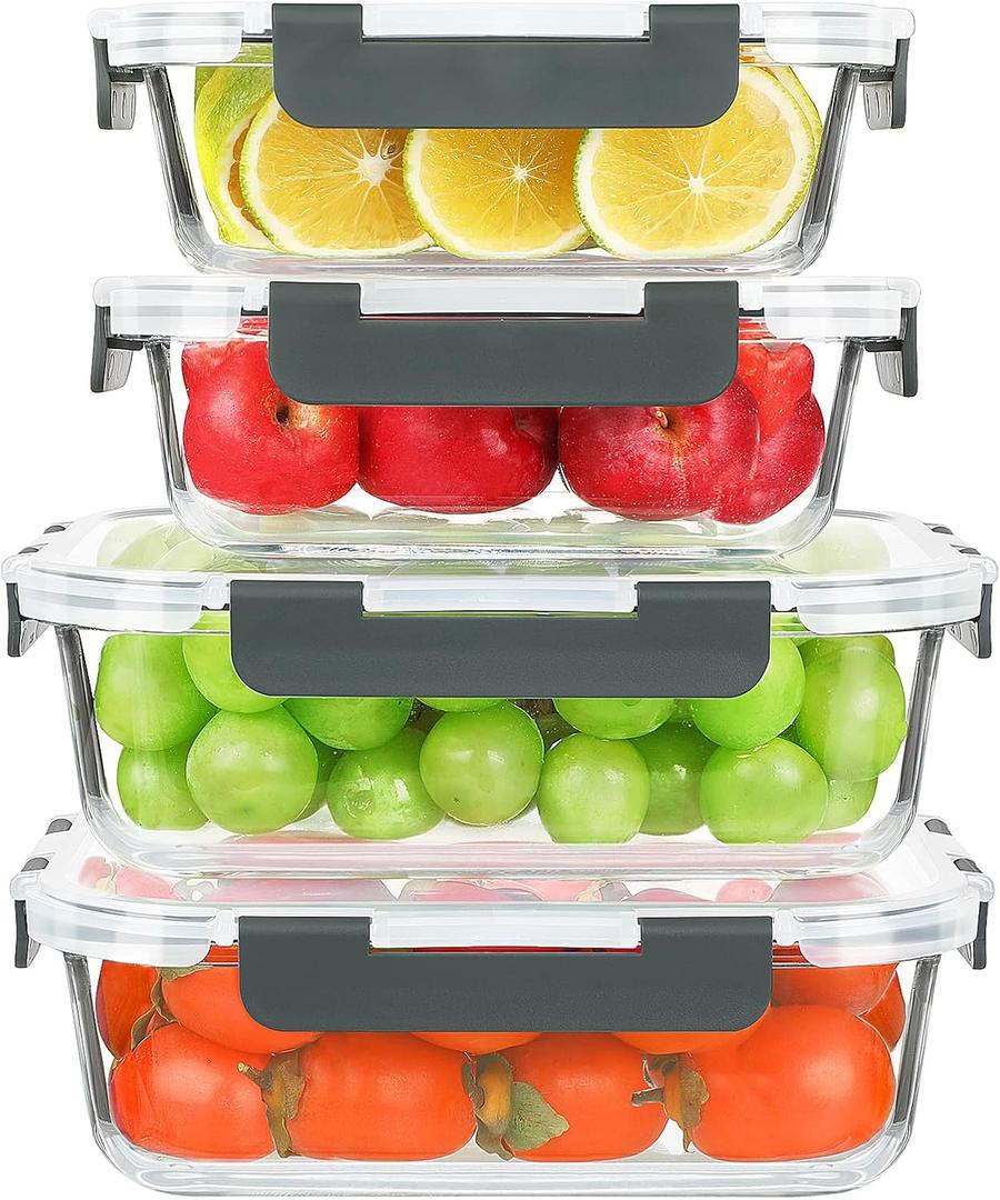 KOMUEE 4 Pack 52oz+22oz Large Glass Food Storage Containers Set with Airtight Lids, BPA-Free & Leak Proof, Ideal for Meal Prep, Freezer, Microwave, Oven and Dishwasher Safe