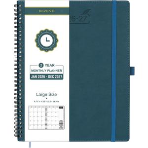BEZEND Monthly Planner 2026-2027 (Spiral-8.5" x 11") 2 Year Calendar Book with Note Pages - Jan 26 to Dec 27-120 GSM Paper, Inner Pockets, Laminated Tabs, Vegan Leather Softcover - Dark Green