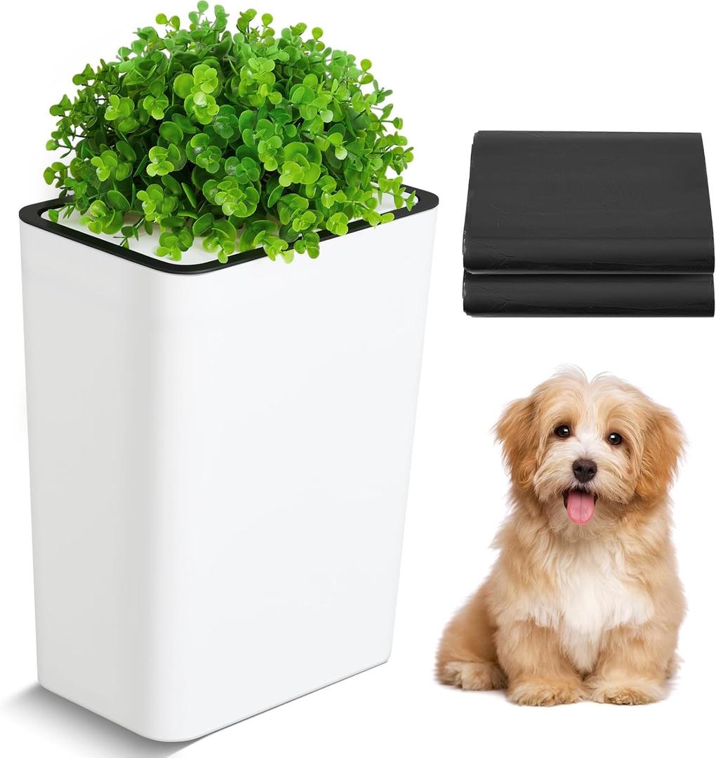 Dog Poop Trash Can Outside 3.96 Gal/15 L Plant Styled Dog Waste Trash Can with Lid 50 Pcs Plastic Waste Bags Outdoor Indoor Poop Container Slim Garbage Bin for Yard Garden Pet (White)