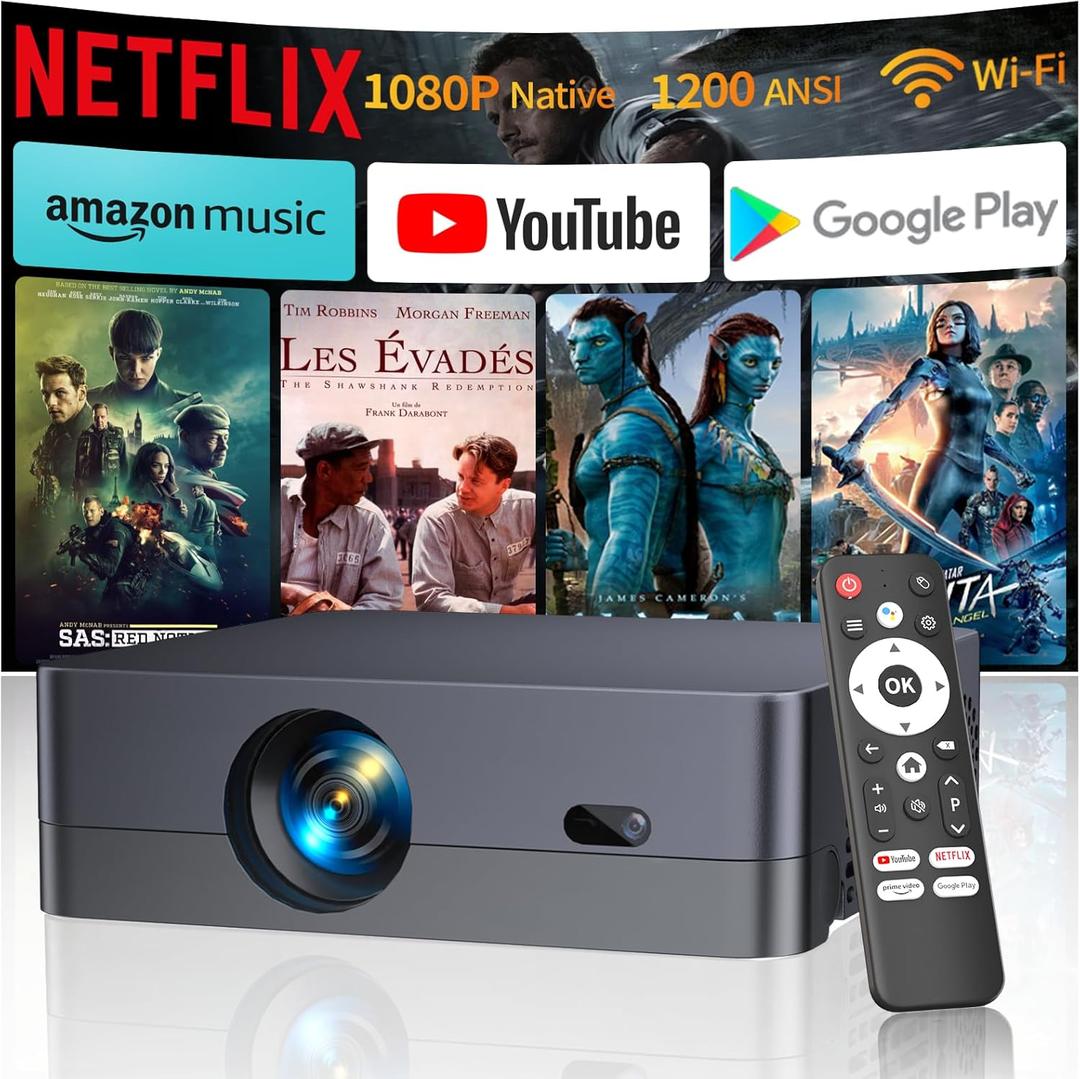 Mini Projector with WiFi and Bluetooth, Native 1080P Portable Outdoor Movie Short Throw Projector with Android 14, Built-in Speaker, Compatible with Smartphone, Fire TV Stick, HDMI/USB