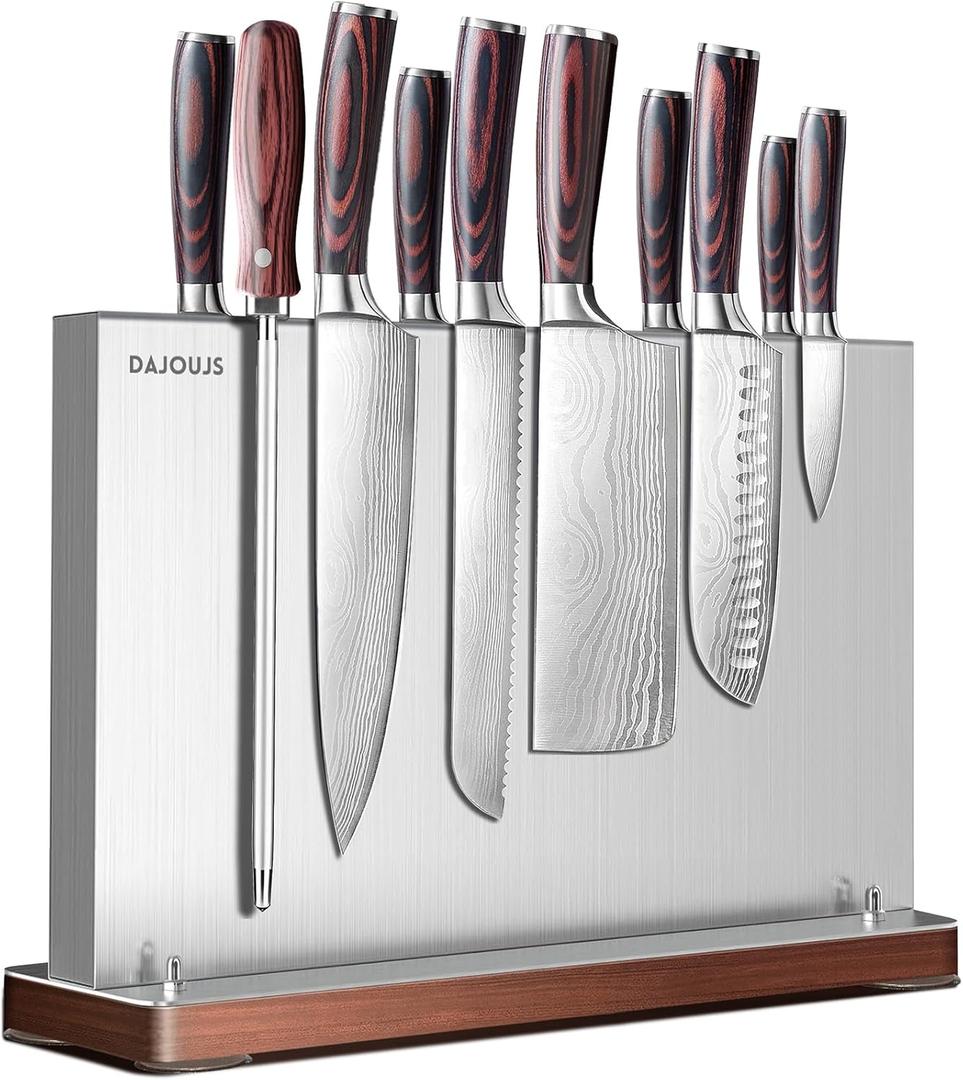 Magnetic Knife Holder, Stainless Steel Magnetic Knife Block without Knives, Strong Double Sided Magnet Knife Storage Strip with Wood Base for Kitchen Counter-Silver (11.81 x 3.14 x 9 Inch)