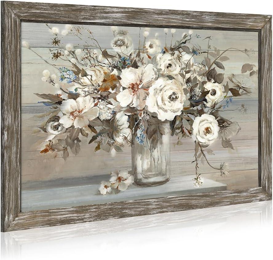 Abstract Flowers Framed Wall Art: Vintage Floral Bouquet in Vase Wooden Artwork Picture Print Rustic Nature Scenery Plant Painting for Living Room Dinning Room Bedroom, 45"L x 30"W