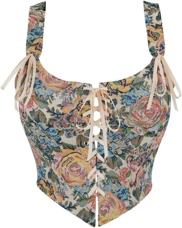 Dreay Womens Vintage Floral Print Grommet Lace Up Tie Front Corset Bustier Shapewear Top (XX-Large, Cream)