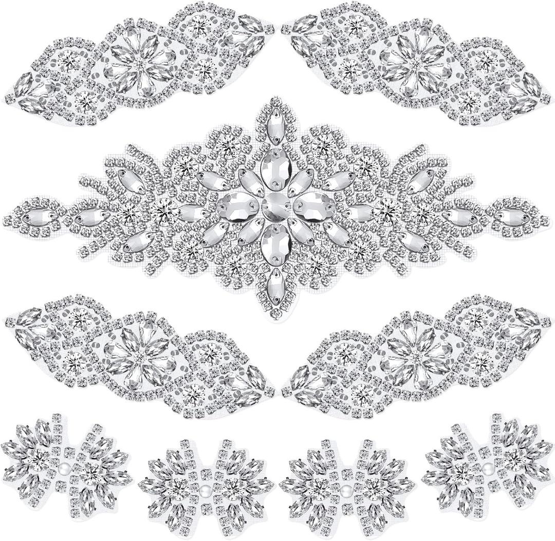 9 Pcs Rhinestone Applique Iron on Patch 3 Style Rhinestone Hot Fix Applique Wedding Hair Appliques for Bridal Wedding Dress Clothing Sash Crystal Belt Sewing Appliques for Shoes(Silver)