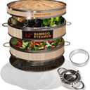 Bamboo Dumpling Steamer Basket 12 Inch & Accessories Set, 2 Tier Bamboo Steamers for Cooking, Steam Basket Dumplings, Bun, Dim Sum, Vegetables, Seafood, Rice Natural Asian Kitchen Steamer Cookware Kit