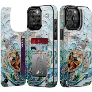 Goodon for iPhone 15 Pro Wallet Case with Card Holder,RFID-Blocking,Aesthetic Vintage Floral Girly Shell,Trendy Unique Cool Retro Protective Phone Cover for Women Girls - Ocean Mosaic Art