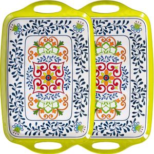 Large Serving Platter with Handles, 19x12 Large Rectangular Melamine Serving Tray Set of 2, Kitchen Food and BBQ Serving Platter, Talavera Grilling Prep and Serve Tray, Dishwasher Safe