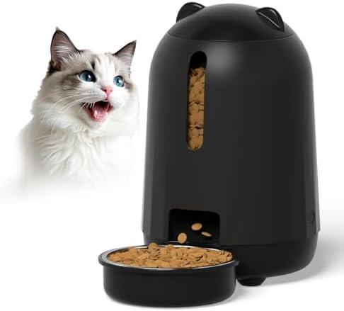 PAPIFEED Automatic Cat Feeder, Button Timer Auto Food Dispenser with Dual Power Backup, Slow Feeding Mode, 3L Moisture-Proof Feeder for Cats & Small Dogs (Black)