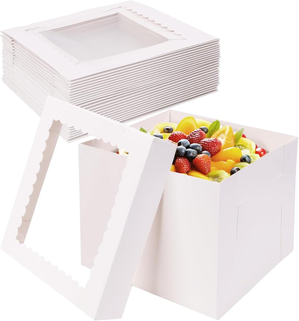 Moretoes 12pcs Cake Boxes, 10x10x8 Inches Tall Cake Carriers with Window, Square Bakery Box with Lids for Donuts, Pies, Cookies, Wedding, Birthday (White)