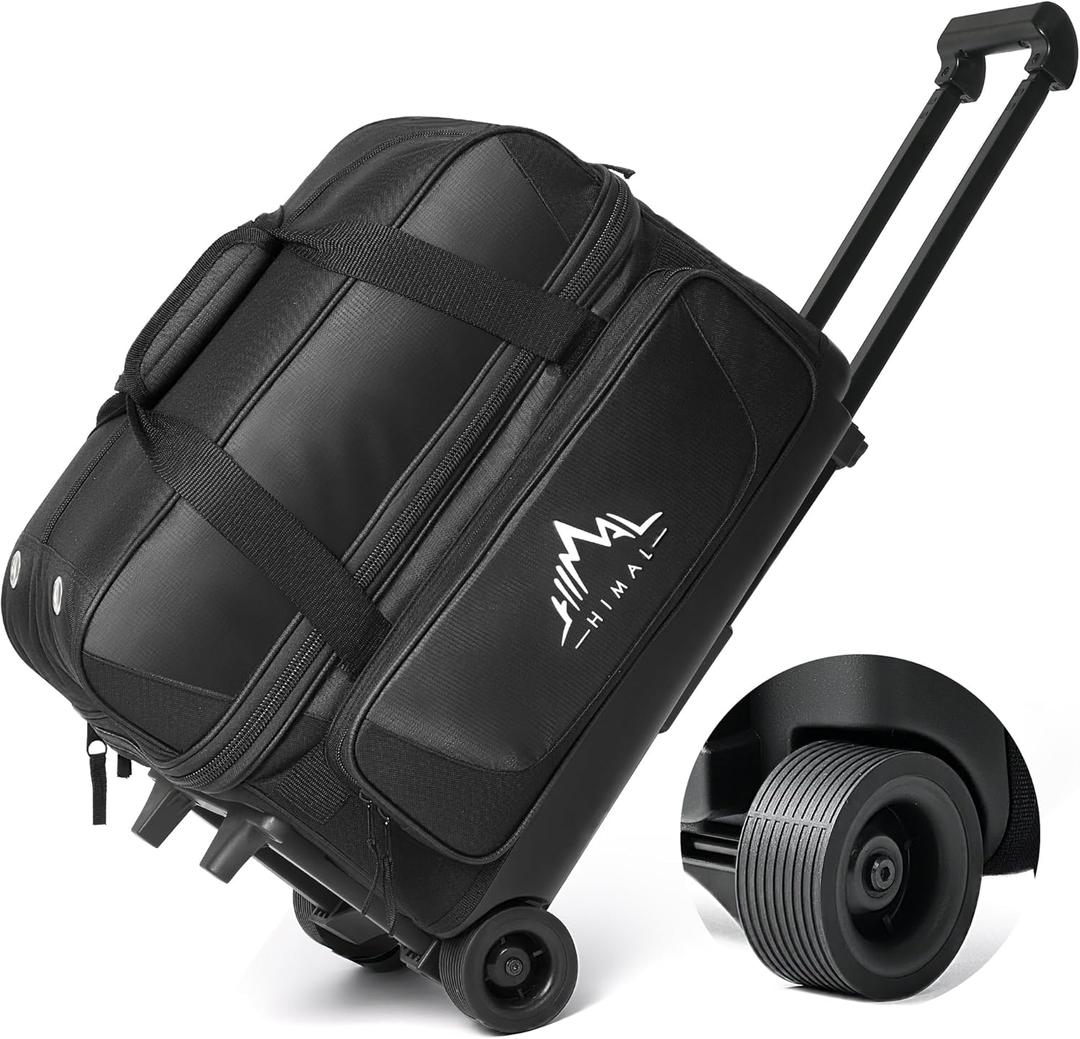 Double Roller 2 Ball Bowling Bag with Separate Shoe Compartment for Bowling Shoes (Up To US Mens Size 15) and Oversized Accessory Pocket, Retractable Handle - Extends to 40" (Black)