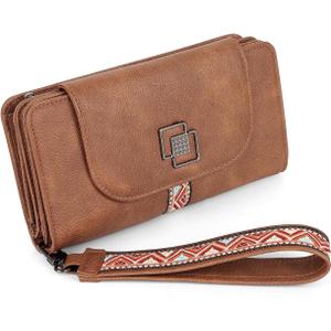 FADEON Leather Wallets for Women, Designer Large RFID Blocking Trifold Wristlet Purse with Credit Card Holder Organizer Brown