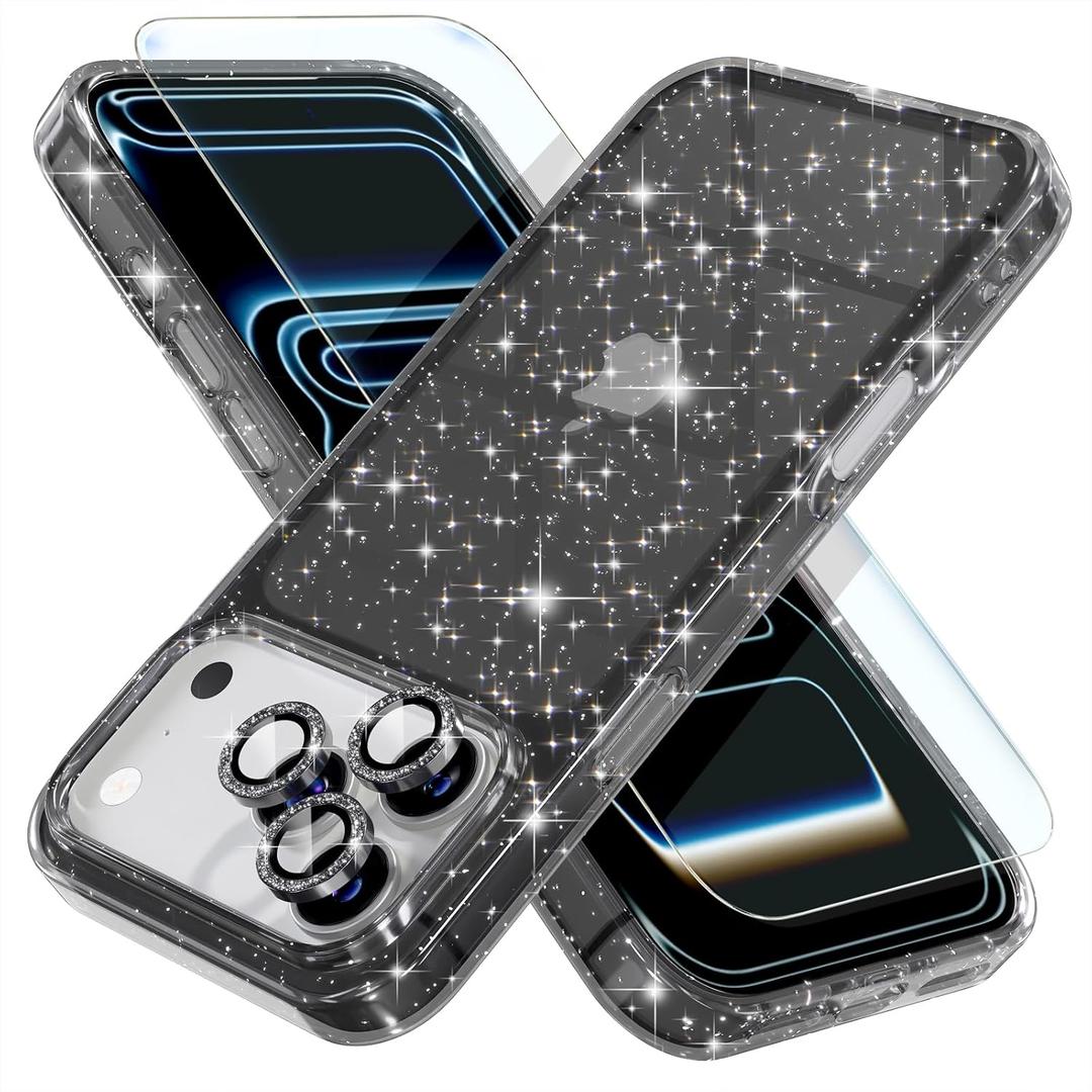 Choiche Compatible for iPhone 17 Pro Max Case, Women Cute Clear Glitter Bling Sparkly Case, [3 x Diamond Camera Lens Protectors] [2 x Tempered Glass Screen Protectors] 6.9-inch (Glitter Black)