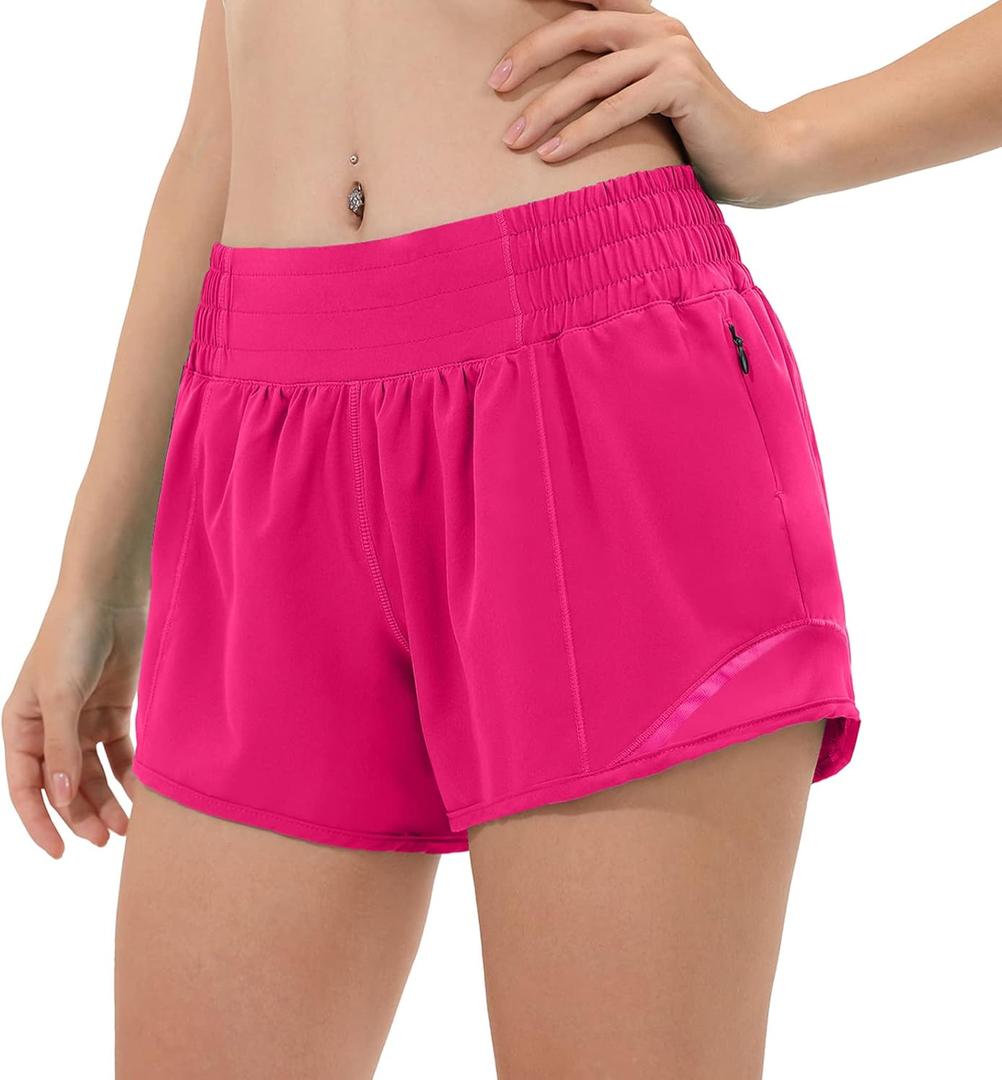 Aurefin High Waisted Athletic Shorts for Women, Womens Plus Size Running Workout Shorts with Liner and Zip Pocket 4 inch (Small, Hot Pink)