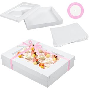 5 Set Full Sheet Cake Box 26 x 18 x 4 Inch with Cake Boards and Pink Satin Ribbon Large Rectangle Bakery Boxes with Window White Bakery Boxes for Packaging Cupcakes Muffins Pie, 26 X 18.5 X 4 Inches
