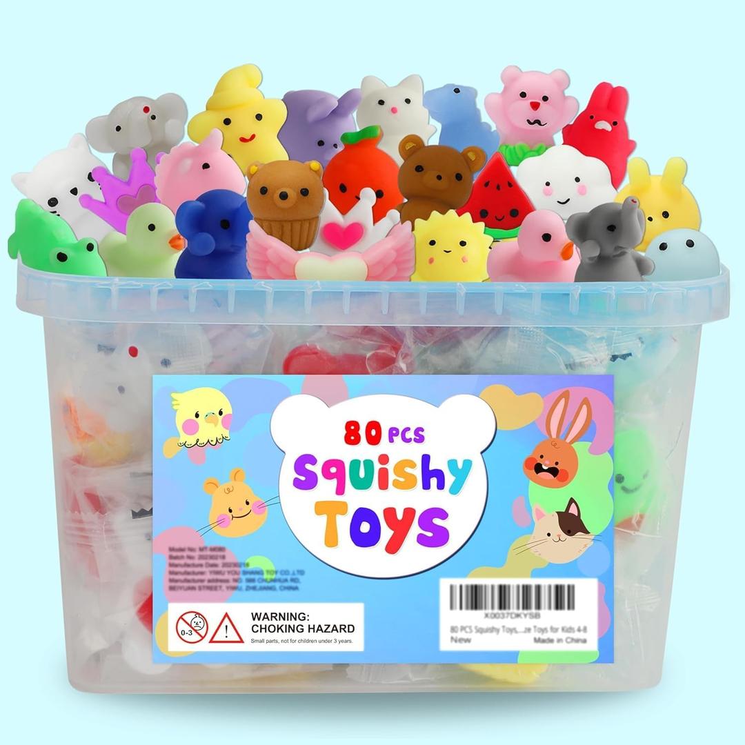 80Pcs Party Favors for Kids 48, Kawaii Squishies Mochi Squishy Toy Bulk Fidget Sensory Toys Birthday Gifts for Boys Girls, Easter Basket Stuffers Egg Fillers Treasure Box Classroom Prizes Goodie Bag