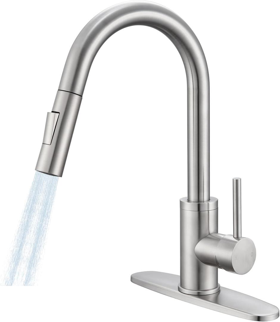 KPW Kitchen Sink Faucet with Sprayer Brushed Nickel Pull Down Kitchen Faucet High Arc Single Handle Stainless Steel 1 or 3 Hole, Kitchen Sink Faucets for Farmhouse Campervan Laundry RV