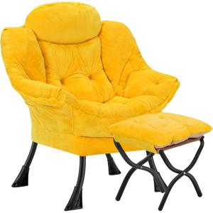 Lazy Chair with Folding Ottoman,Leisure Sofa Chair,Soft Fabric Armchair with Armrests and Side Pockets, Reading Chair with Footrest for Living Room, Bedroom, Office (Plush Yellow)