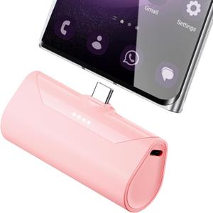 Mini Pink USB C Portable Battery Charger for iPhone 15 Pro Max, 4800mAh Little Charger Battery Pack Compact Power Bank Back Phone Charger for iPhone 15/16/Samsung Galaxy S22/Note 20/Google/Pixel