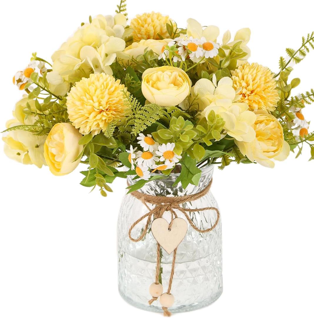 Kimura's Cabin Faux Flowers with Vase,Artificial Silk Peony in Vases Fake Flower Hydrangeas Arrangement for Dining Table Home Office Farmhouse Bathroom Centerpiece Wedding Decorations（Yellow）