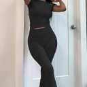 ZFLM Casual Workout Two Piece Outfits for Women Short Sleeve Crop High Waist Foldover Flare Pants Tracksuit Sets Streetwear (S)