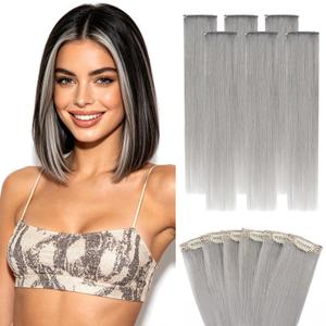 Hairro 6PCS 6 Clips In Short Hair Extensions Remy Real Human Hair Clip Ins Highlight Balayage Mini Clip On Hairpin Hairpieces For Women 36g 14 Inch #Silver Grey