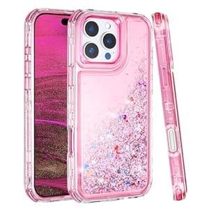 Tikoo for iPhone 16 Pro Max Case Glitter for Women Girl Clear 3-in-1 Heavy Duty Protective Phone Case with Floating Liquid Quicksand Shiny Bling Sparkly Cute iPhone 16 Pro Max Case 6.9” (Pink) 
