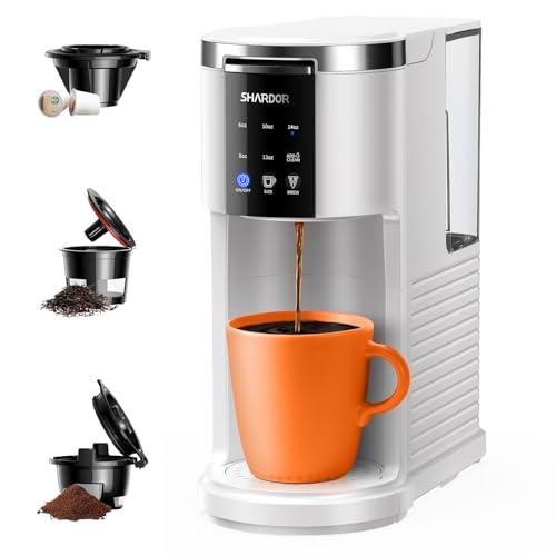SHARDOR 3 in 1 K Cup Coffee Maker, Single Serve Coffee Maker for K Cup Pods & Ground Coffee & Teas, 6 to 14oz Brew Sizes, 40oz Detachable Water Reservoir, Compact Design, White