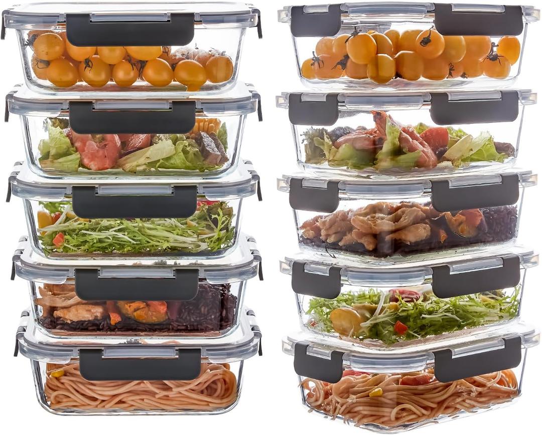 10 Pack 22 oz Glass Meal Prep Containers, Glass Food Storage Containers with Lids, Reusable Airtight Leakproof Lunch Bento Boxes Freezer, Microwave Oven and Dishwasher, Gray