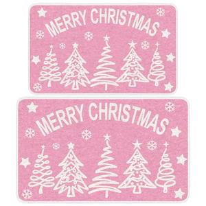 Dunzy 2 Pcs Pink Merry Christmas Rugs and Mats Set, Pink Christmas Rugs Doormat Decorations for Bathroom Washable Non Slip Welcome Floor Mat for Winter Holiday Xmas Home Kitchen Carpet Decorations