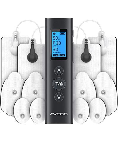 AVCOO 30 Modes TENS EMS Unit Compact Muscle Stimulator for Pain Relief of Back, Shoulder, Neck, Rechargeable & Portable Dual Channel EMS Muscle Stimulator with 30 Intensity Levels, 12 Electrode Pads