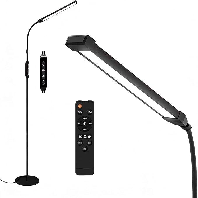 Dimmable LED Floor Lamp with Remote, Tattoo Light, Lash Light, Reading Light, Beauty Light, Standing Light for Living Room with Timer, Office, Bedroom, Stepless Adjustable 3000K-6000K Colors
